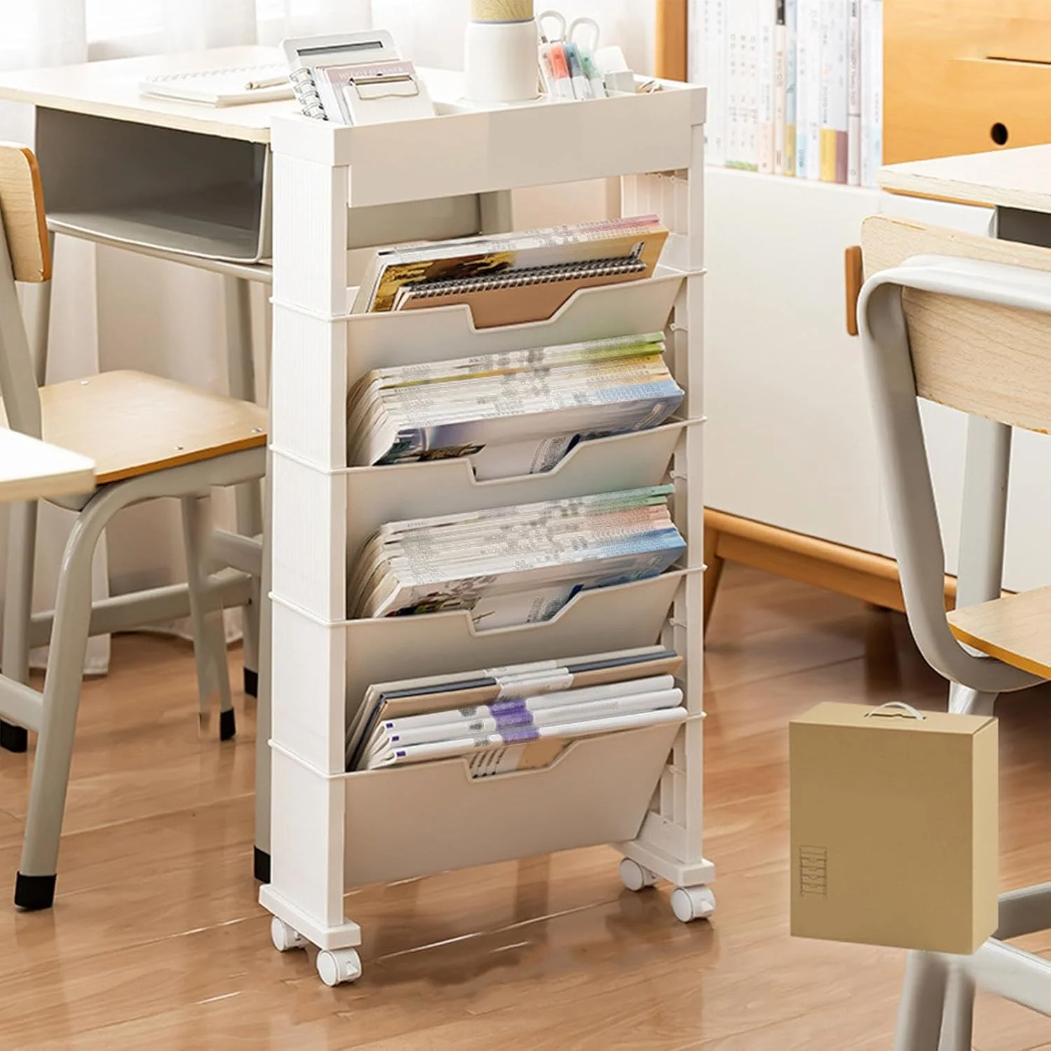 قفسه کتاب متحرک چند منظوره سوراندی با ظرفیت بزرگ، قفسه کتاب منحصر به فرد قابل جابجایی، سازمان دهنده کاغذ اداری چرخ دار با 4 چرخ جهانی برای اتاق خواب، اتاق نشیمن، خانه، مدرسه (بژ)