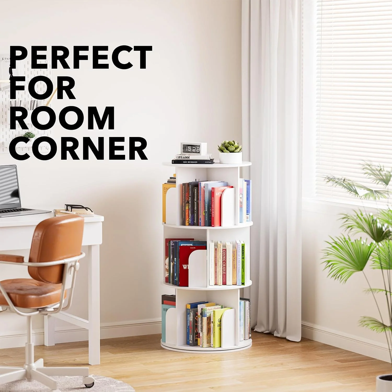 کتابخانه گردان 3 طبقه SpaceAid مدل Cross Style، قفسه کتاب چرخشی 360 درجه، برج Lazy Susan، قفسه کتاب عمودی، سازمان دهنده چرخشی گرد، سفید