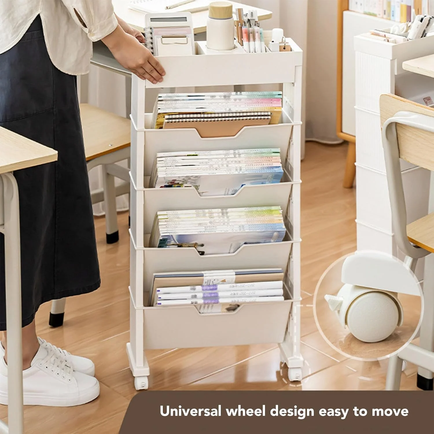 قفسه کتاب متحرک چند منظوره سوراندی با ظرفیت بزرگ، قفسه کتاب منحصر به فرد قابل جابجایی، سازمان دهنده کاغذ اداری چرخ دار با 4 چرخ جهانی برای اتاق خواب، اتاق نشیمن، خانه، مدرسه (بژ)