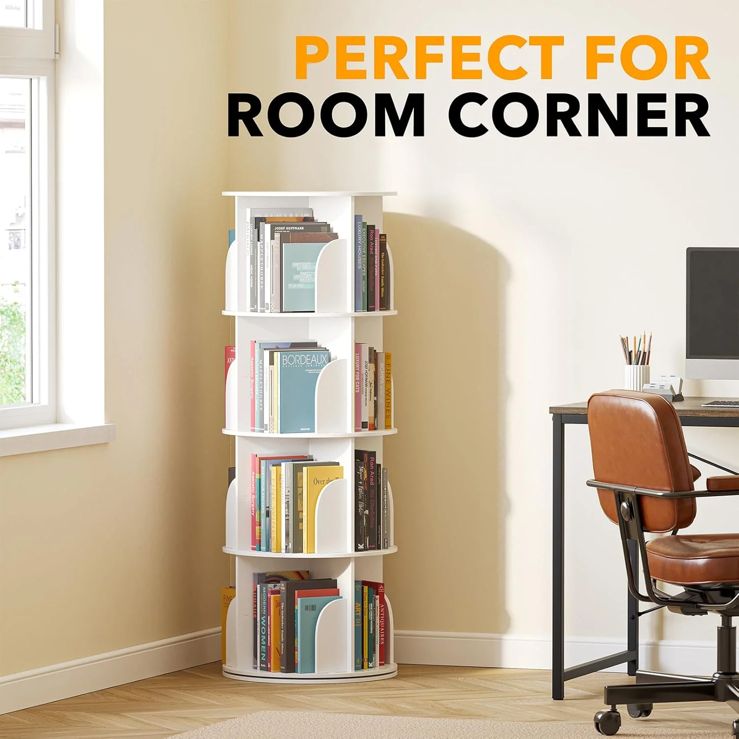 قفسه کتاب چرخشی 4 طبقه SpaceAid، قفسه کتاب گردان تنبل سوزان، قفسه کتاب 360 درجه چرخشی، سازمان دهنده گوشه ای مارپیچ چرخان عمودی، سفید