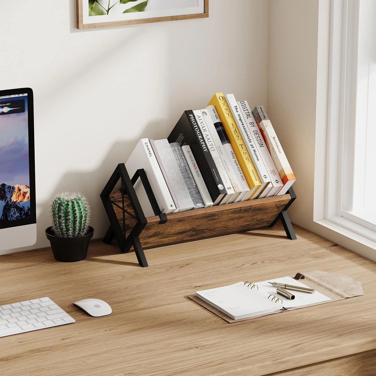 قفسه کتاب رومیزی چوبی، قفسه کتاب رومیزی رترو، قفسه رومیزی برای بالای میز در اتاق نشیمن، خانه، دفتر، قفسه کتاب شیب دار برای سی دی، مجله، کتاب، دکوراسیون منزل