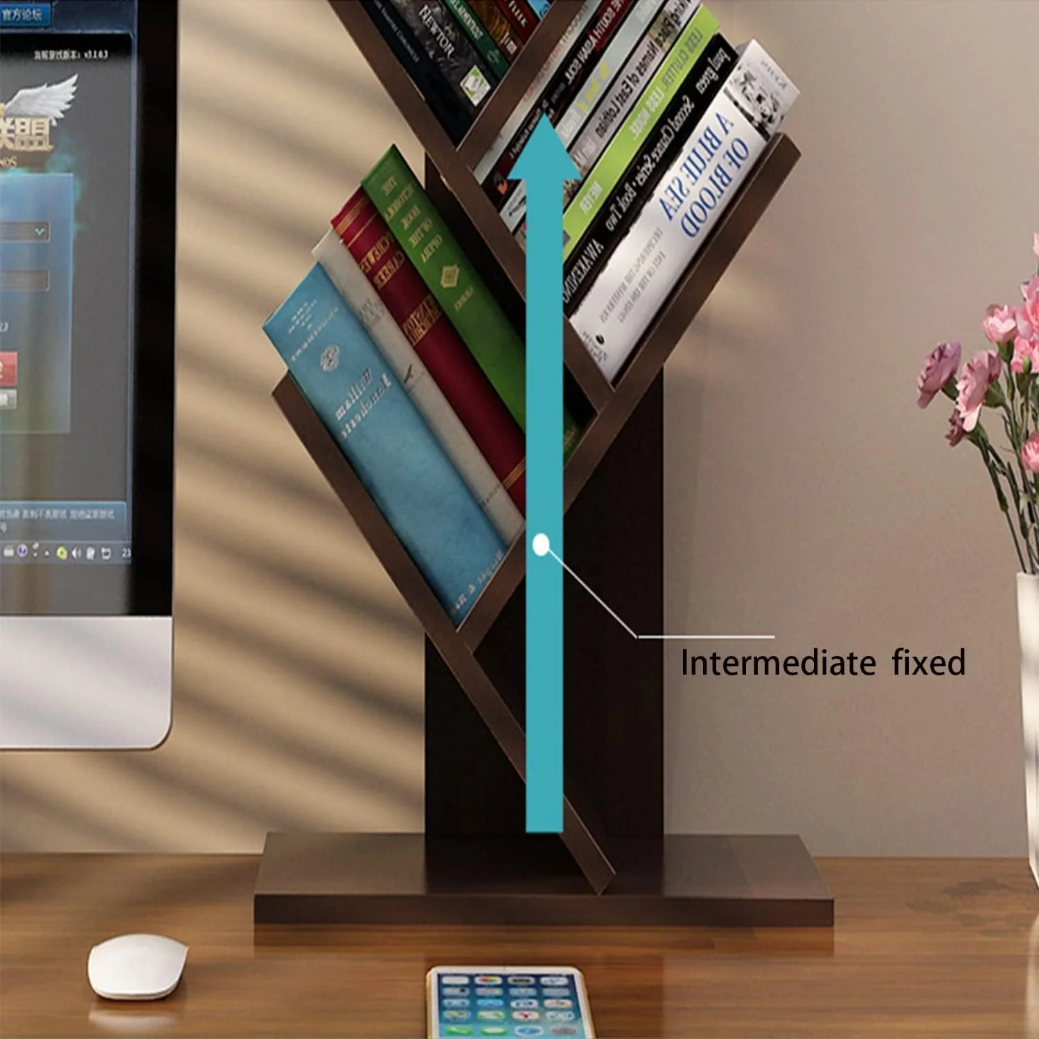 قفسه کتاب چوبی چند طبقه کوچک، مناسب اتاق خواب، منزل، قفسه کتاب کودک، قفسه نگهداری، مبلمان ساده، قفسه کتاب رومیزی برای خوابگاه دانشجویی و اداره (طرح درخت)