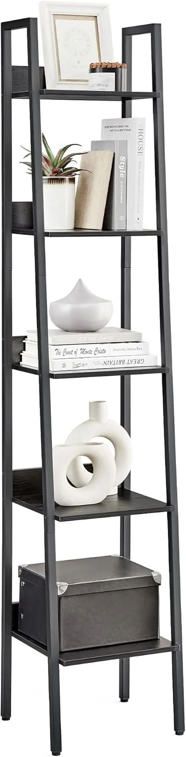 قفسه کتاب VASAGLE، کتابخانه باریک 5 طبقه، قفسه نردبانی برای دفتر کار خانگی، اتاق نشیمن، اتاق خواب، آشپزخانه، مشکی آبنوس و مشکی جوهری ULLS109B56