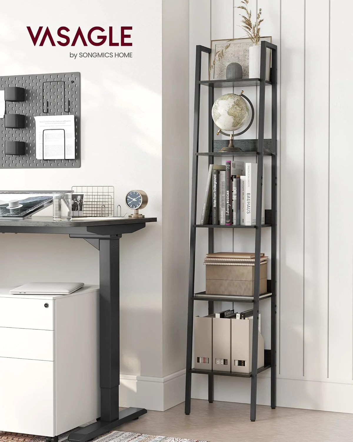 قفسه کتاب VASAGLE، کتابخانه باریک 5 طبقه، قفسه نردبانی برای دفتر کار خانگی، اتاق نشیمن، اتاق خواب، آشپزخانه، مشکی آبنوس و مشکی جوهری ULLS109B56