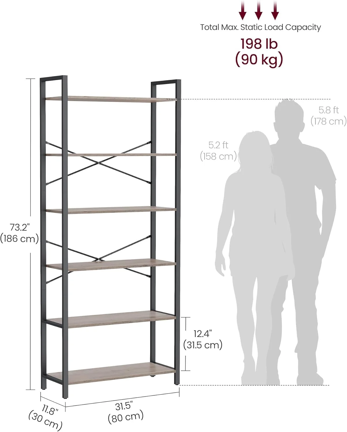 قفسه کتاب 6 طبقه VASAGLE با قاب فولادی، قفسه کتاب برای اتاق نشیمن، دفتر کار خانگی، مطالعه، 30x80x186 سانتی متر، سبک صنعتی، خاکستری هدر و مشکی جوهری ULLS082B02