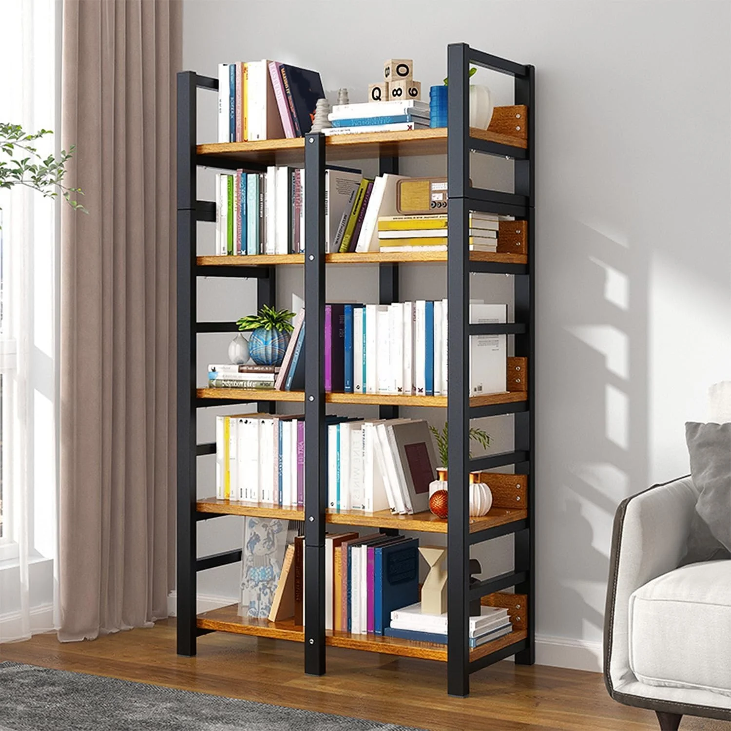 قفسه کتاب 5 طبقه مدرن کلاسیک باز UimoKi - قفسه های ذخیره سازی بلند روستایی، قفسه چوبی اواسط قرن برای دفتر خانه، اتاق نشیمن و اتاق خواب