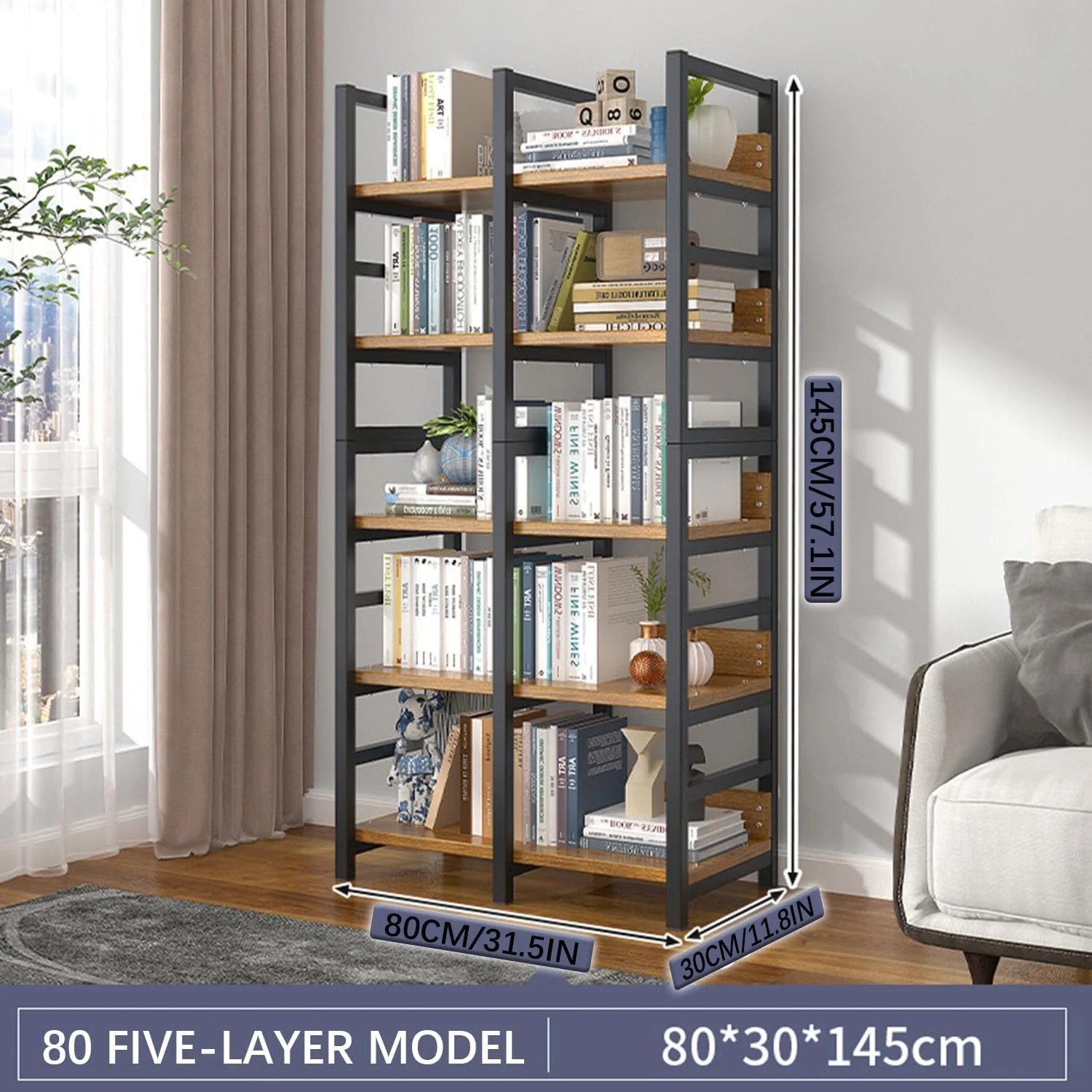 قفسه کتاب 5 طبقه مدرن کلاسیک باز UimoKi - قفسه های ذخیره سازی بلند روستایی، قفسه چوبی اواسط قرن برای دفتر خانه، اتاق نشیمن و اتاق خواب