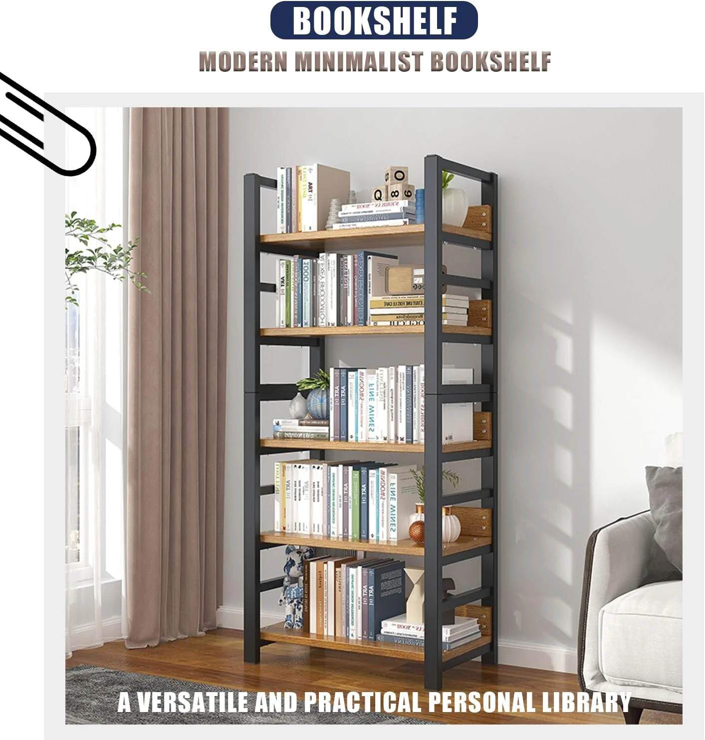 قفسه کتاب 5 طبقه مدرن کلاسیک باز UimoKi - قفسه های ذخیره سازی بلند روستایی، قفسه چوبی اواسط قرن برای دفتر خانه، اتاق نشیمن و اتاق خواب