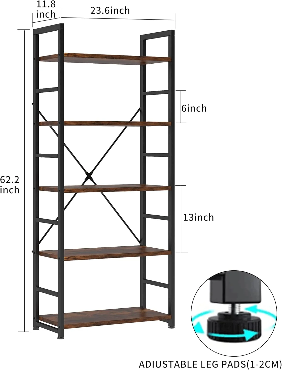 قفسه کتاب 5 طبقه ورمس، قفسه کتاب بلند، کتابخانه صنعتی با قفسه های نمایش باز، واحد قفسه بندی چوبی با قاب فلزی، قفسه کتاب ایستاده برای اتاق خواب/خانه/دفتر، قهوه ای روستایی