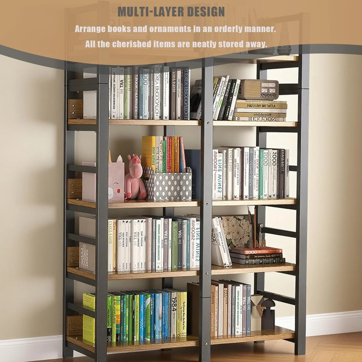 قفسه کتاب 5 طبقه مدرن کلاسیک باز UimoKi - قفسه های ذخیره سازی بلند روستایی، قفسه چوبی اواسط قرن برای دفتر خانه، اتاق نشیمن و اتاق خواب