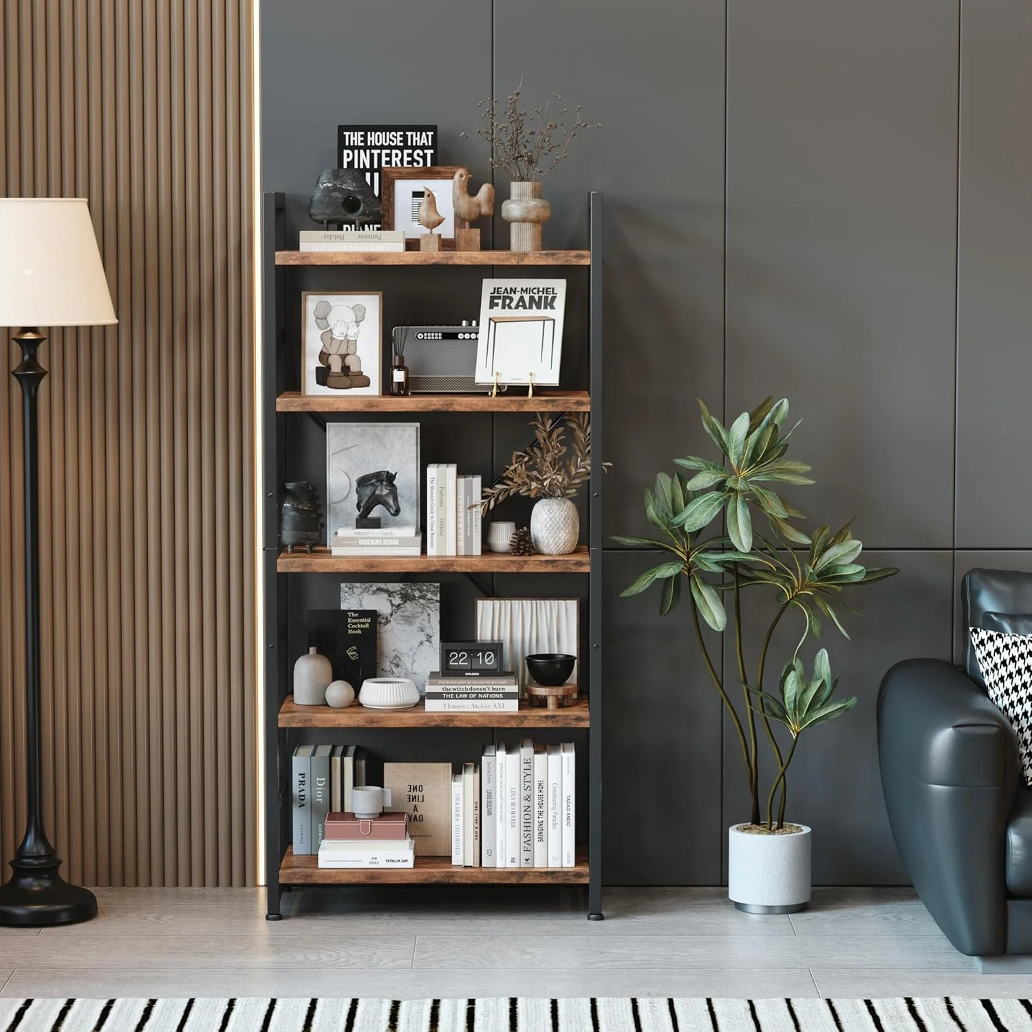 قفسه کتاب 5 طبقه ورمس، قفسه کتاب بلند، کتابخانه صنعتی با قفسه های نمایش باز، واحد قفسه بندی چوبی با قاب فلزی، قفسه کتاب ایستاده برای اتاق خواب/خانه/دفتر، قهوه ای روستایی