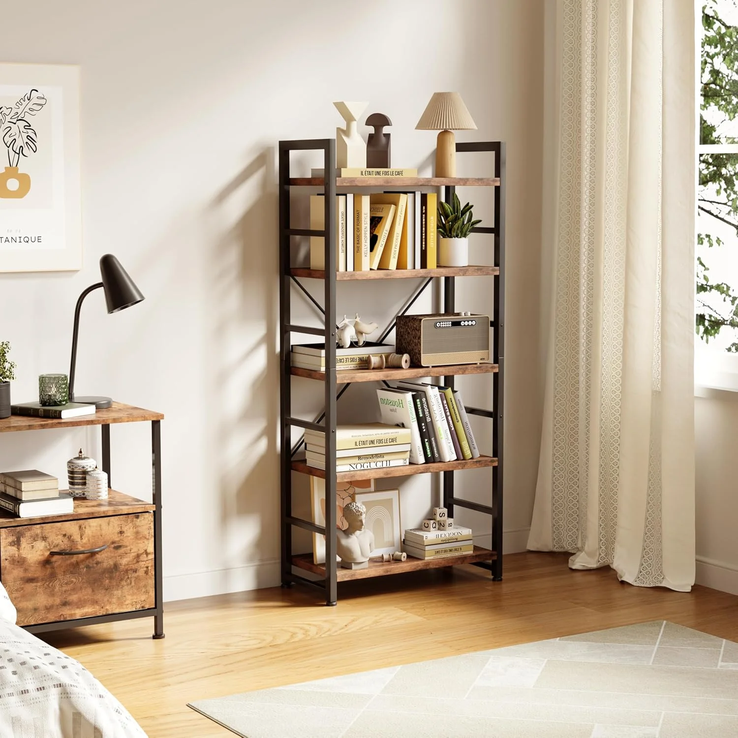 قفسه کتاب 5 طبقه ورمس، قفسه کتاب بلند، کتابخانه صنعتی با قفسه های نمایش باز، واحد قفسه بندی چوبی با قاب فلزی، قفسه کتاب ایستاده برای اتاق خواب/خانه/دفتر، قهوه ای روستایی