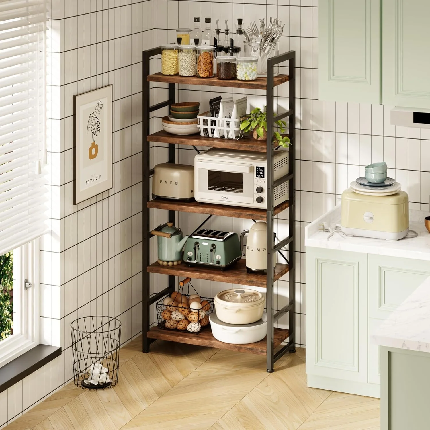 قفسه کتاب 5 طبقه ورمس، قفسه کتاب بلند، کتابخانه صنعتی با قفسه های نمایش باز، واحد قفسه بندی چوبی با قاب فلزی، قفسه کتاب ایستاده برای اتاق خواب/خانه/دفتر، قهوه ای روستایی