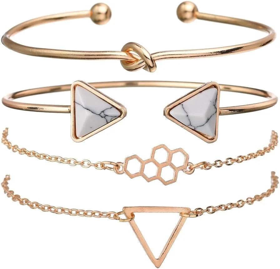 ست دستبند النگویی چند لایه براق دیوا، روکش طلایی، مناسب بانوان و دختران (طلایی) (10695b)، سایز آزاد