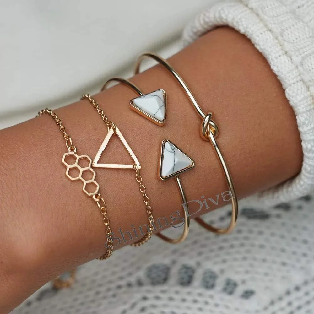 ست دستبند النگویی چند لایه براق دیوا، روکش طلایی، مناسب بانوان و دختران (طلایی) (10695b)، سایز آزاد