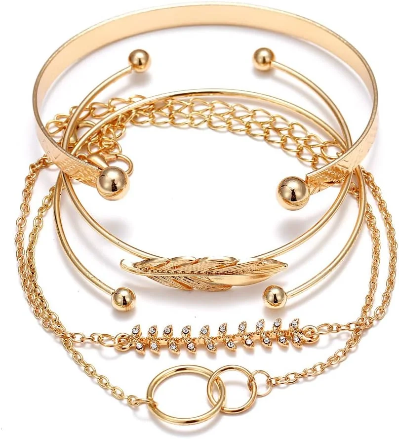 ست 5 تایی دستبند النگویی چند لایه کریستالی شیک زنانه و دخترانه با روکش طلایی