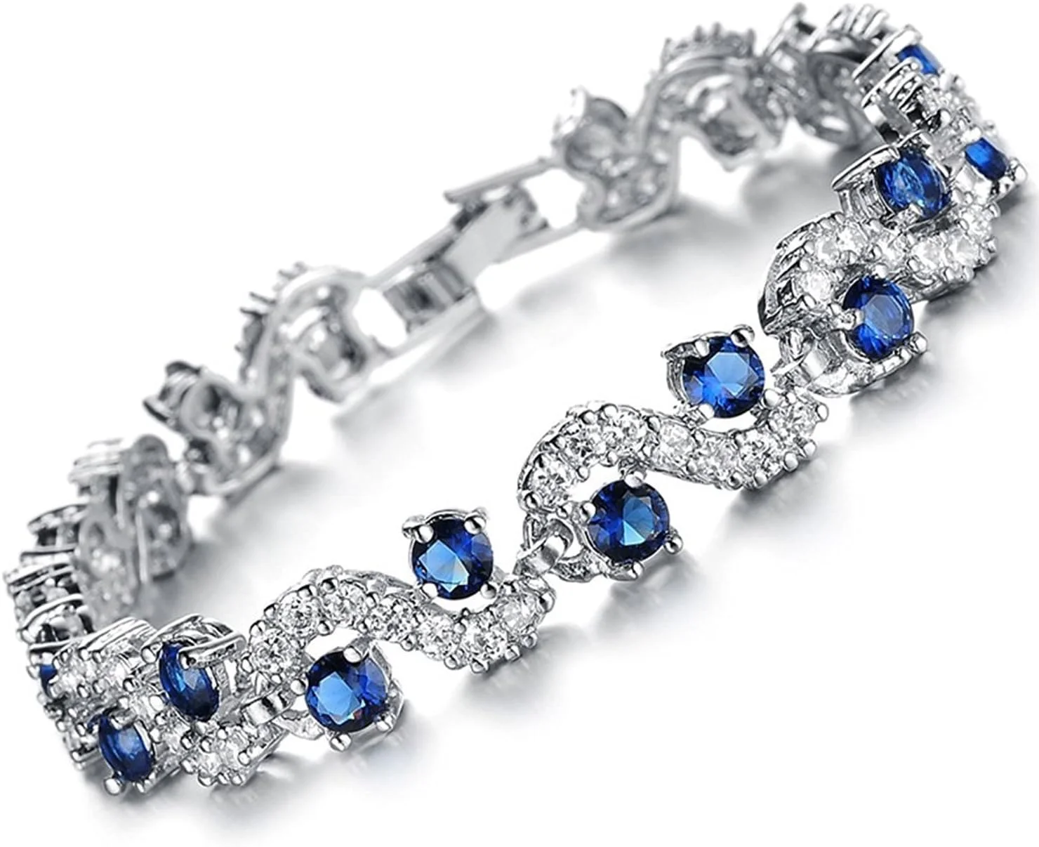 دستبند شیک نقره ای با کریستال آبی سلطنتی درخشان، هدیه ای برای دختران و زنان (9576b)، سایز آزاد دستبند شیک نقره ای با کریستال آبی سلطنتی درخشان، هدیه ای برای دختران و زنان (9576b)، سایز آزاد