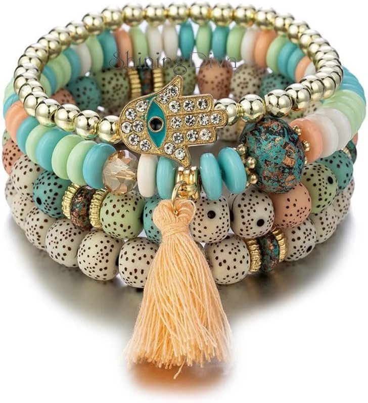 دستبند چند لایه بوهمی چشم نظر، آویز دست همسا، منگوله دار، مهره ای و شیک Shining Diva برای زنان و دختران