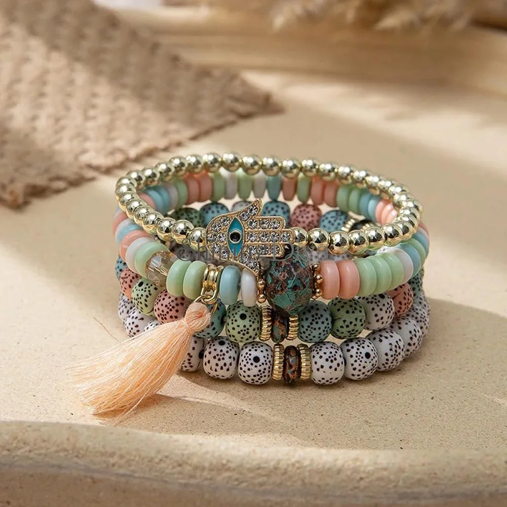 دستبند چند لایه بوهمی چشم نظر، آویز دست همسا، منگوله دار، مهره ای و شیک Shining Diva برای زنان و دختران