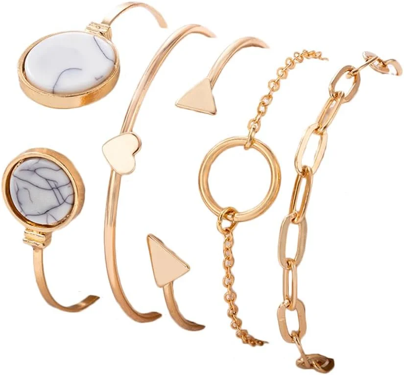 دستبند النگویی چند لایه طلایی شیک و جدید زنانه و دخترانه (15611b) ست 5 عددی