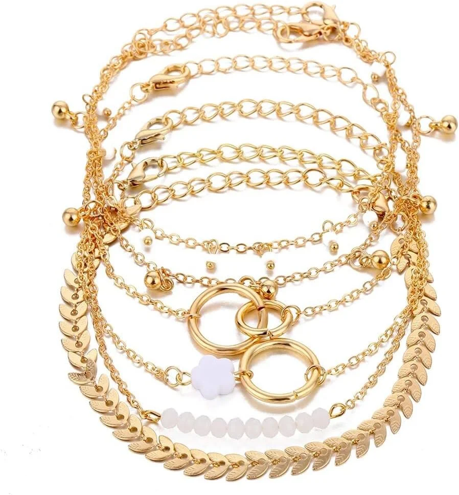 دستبند النگویی چند لایه طلایی شیک و جدید زنانه و دخترانه، ست 6 عددی