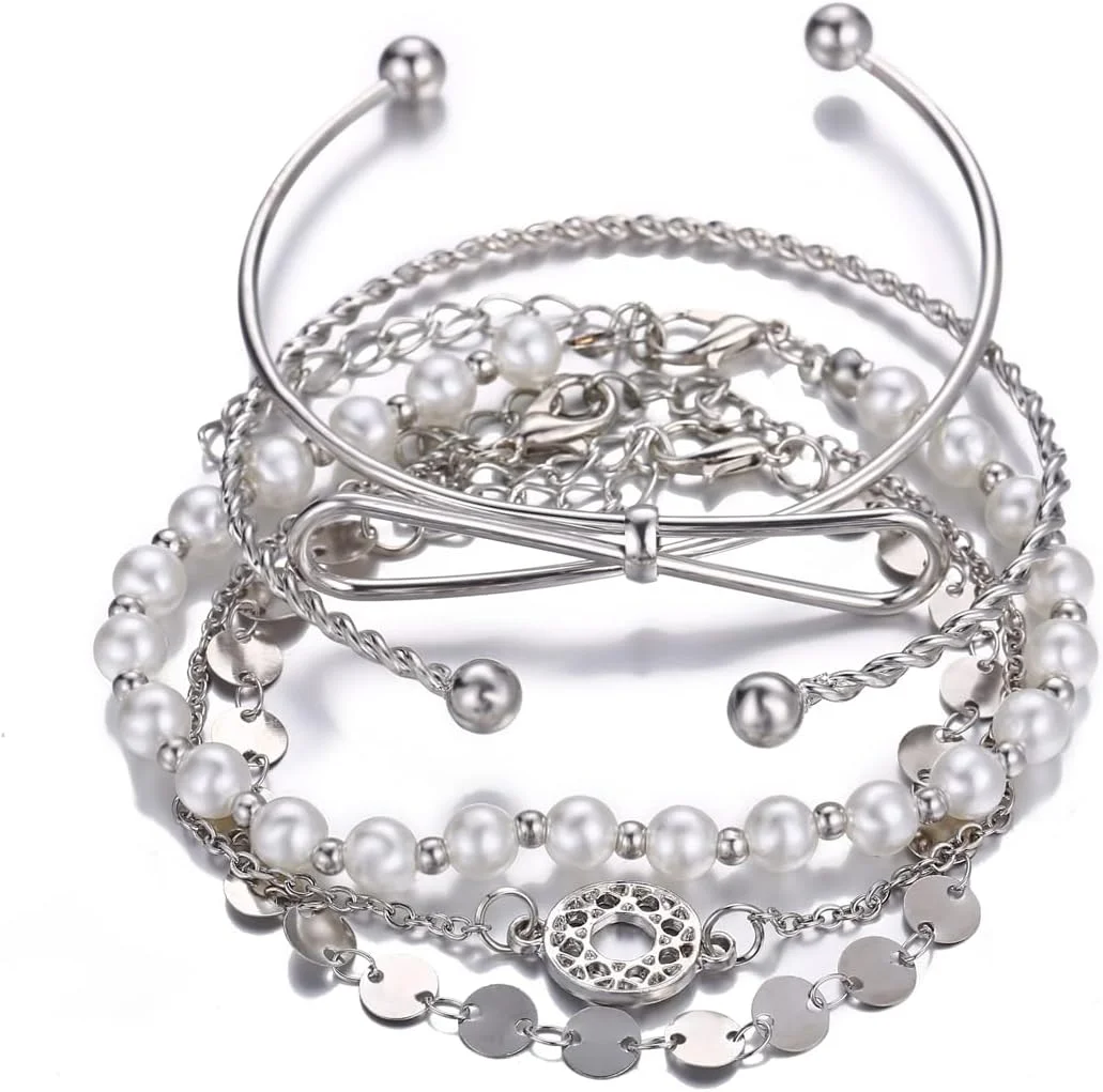 دستبند النگویی چند لایه نقره ای شیک و جدید زنانه و دخترانه (مجموعه 5 عددی)