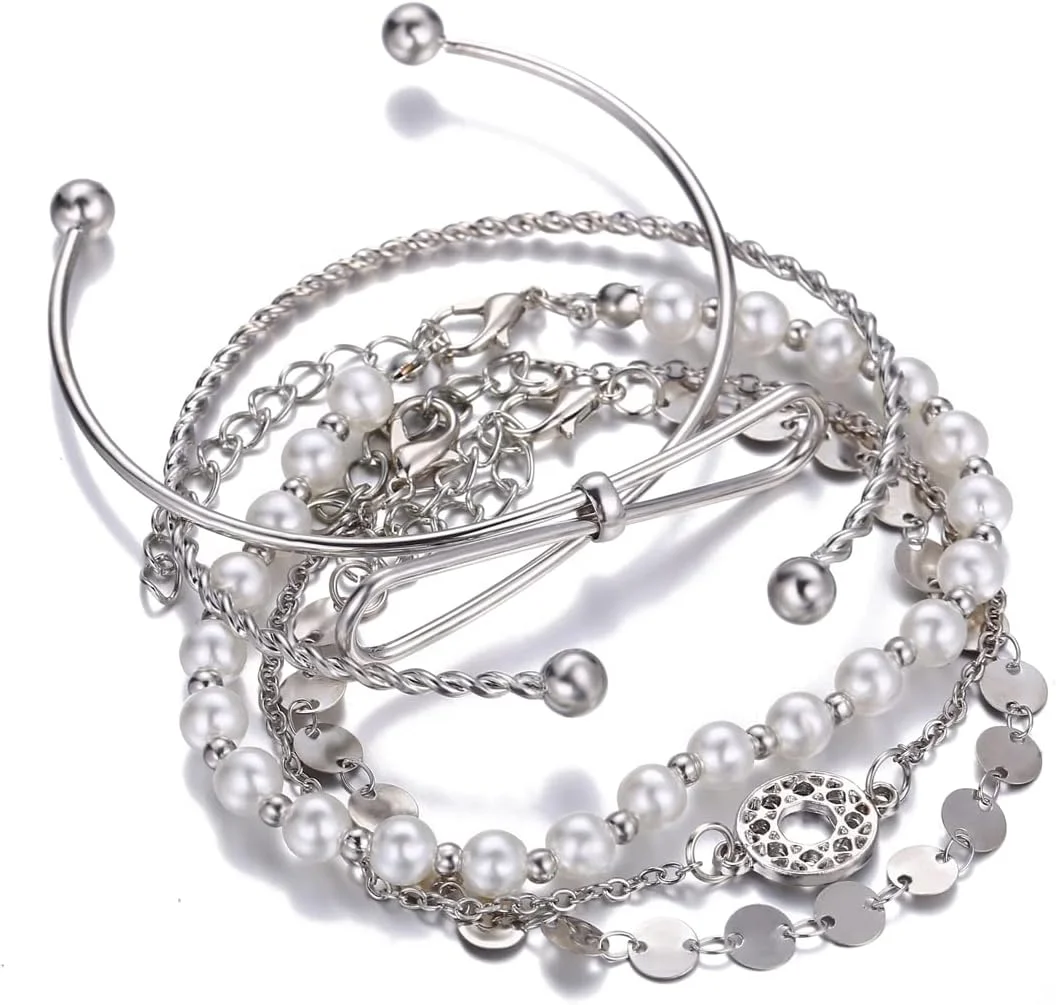 دستبند النگویی چند لایه نقره ای شیک و جدید زنانه و دخترانه (مجموعه 5 عددی)