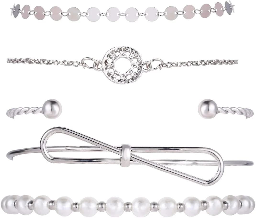 دستبند النگویی چند لایه نقره ای شیک و جدید زنانه و دخترانه (مجموعه 5 عددی)