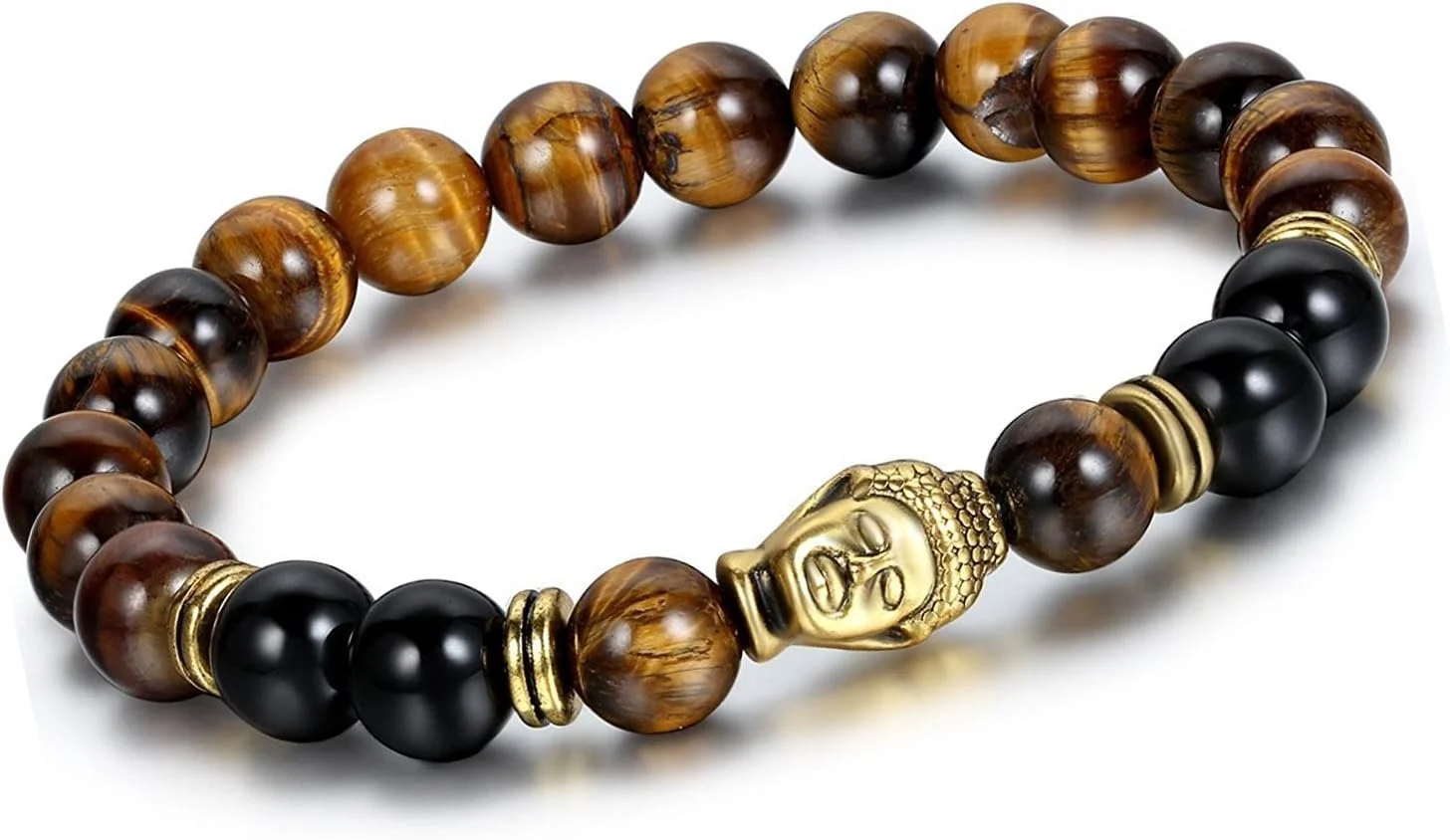 دستبند شیک اونیکس مشکی و چشم ببر سنگ نیمه قیمتی مدیتیشن بودا ریکی شفابخش مهره ای یونیسکس مناسب برای مردان و زنان (9389b) از برند شاینینگ دیوا