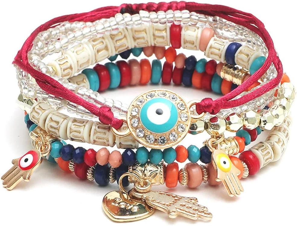 دستبند چند لایه مهره ای چشم نظر شیک و جدید زنانه و دخترانه (14686b) (قرمز)