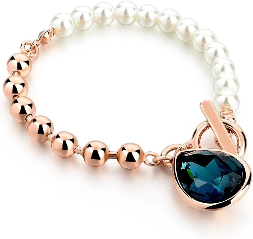دستبند شیک و جذاب زنانه با رزگلد، مروارید و کریستال