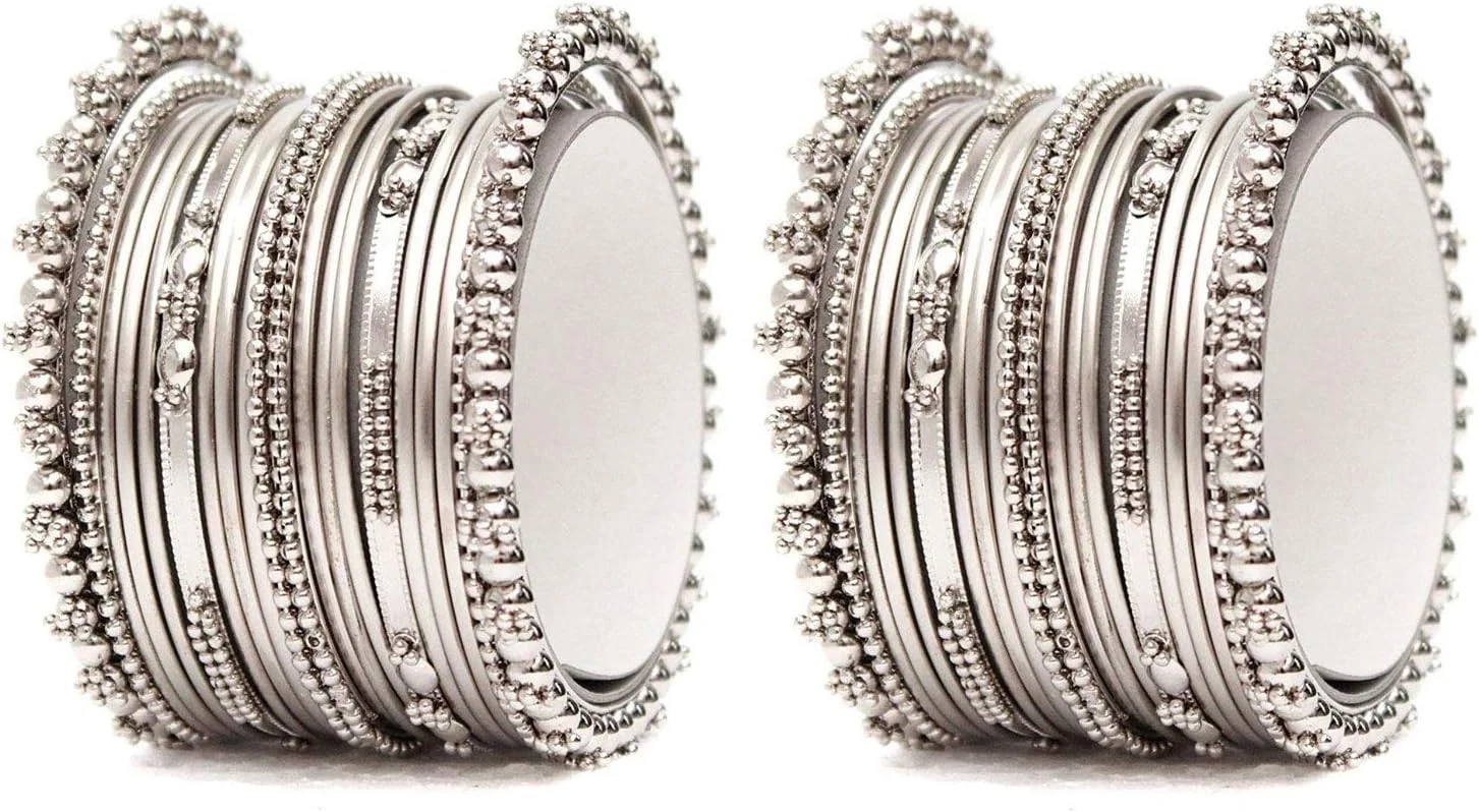 ست النگوی زنانه شاینینگ دیوا، بسته 40 عددی | جواهرات نقره ای اکسید شده با الهام از افراد مشهور | جدیدترین النگوهای شیک سنتی برای دختران و زنان