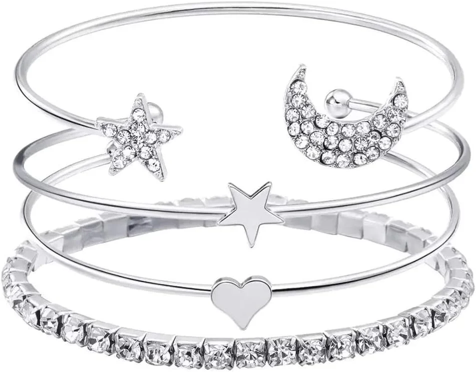 دستبند النگویی چند لایه نگین دار براق و شیک زنانه با روکش نقره و زیرکونیا کوبیک (نقره ای، rrsd9914b)