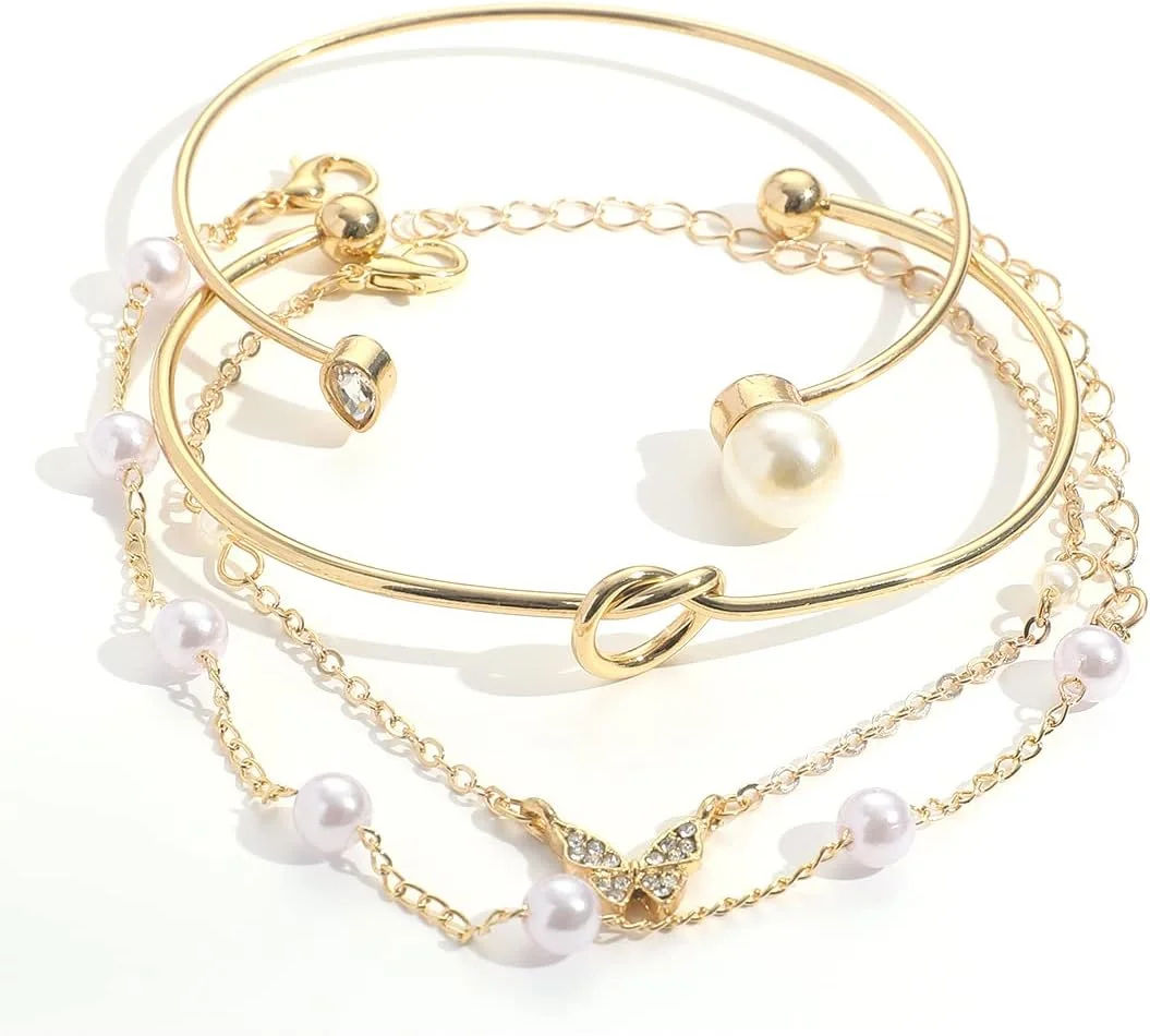 دستبند النگویی پروانه مرواریدی چند لایه 4 عددی شیک و جدید زنانه و دخترانه