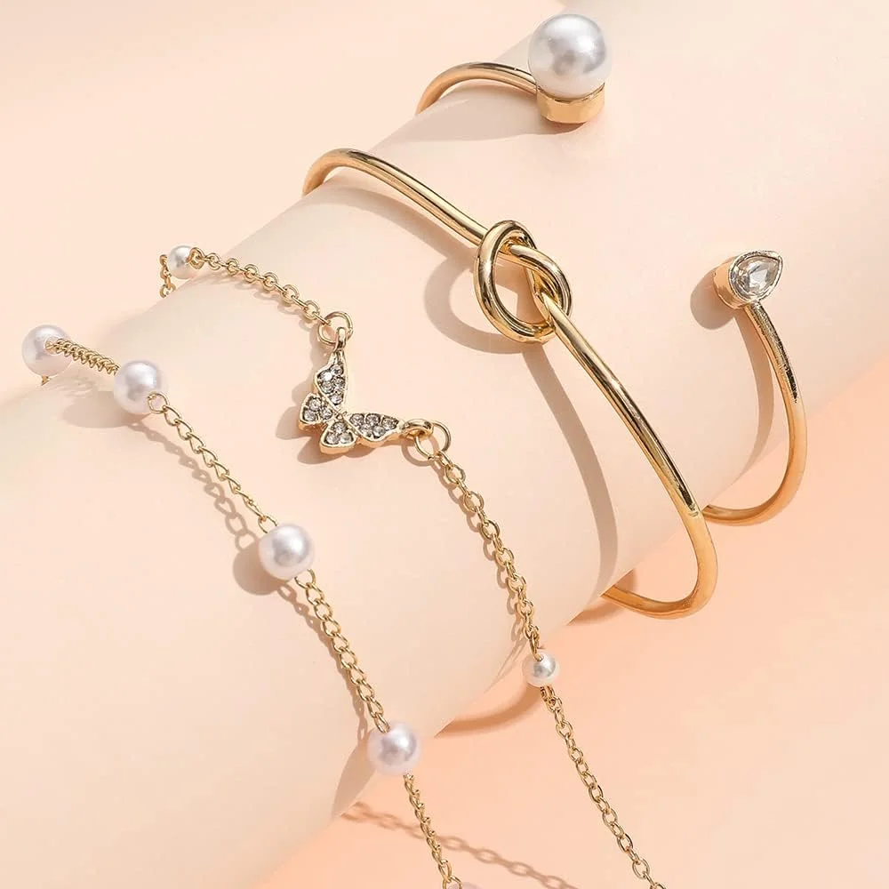 دستبند النگویی پروانه مرواریدی چند لایه 4 عددی شیک و جدید زنانه و دخترانه