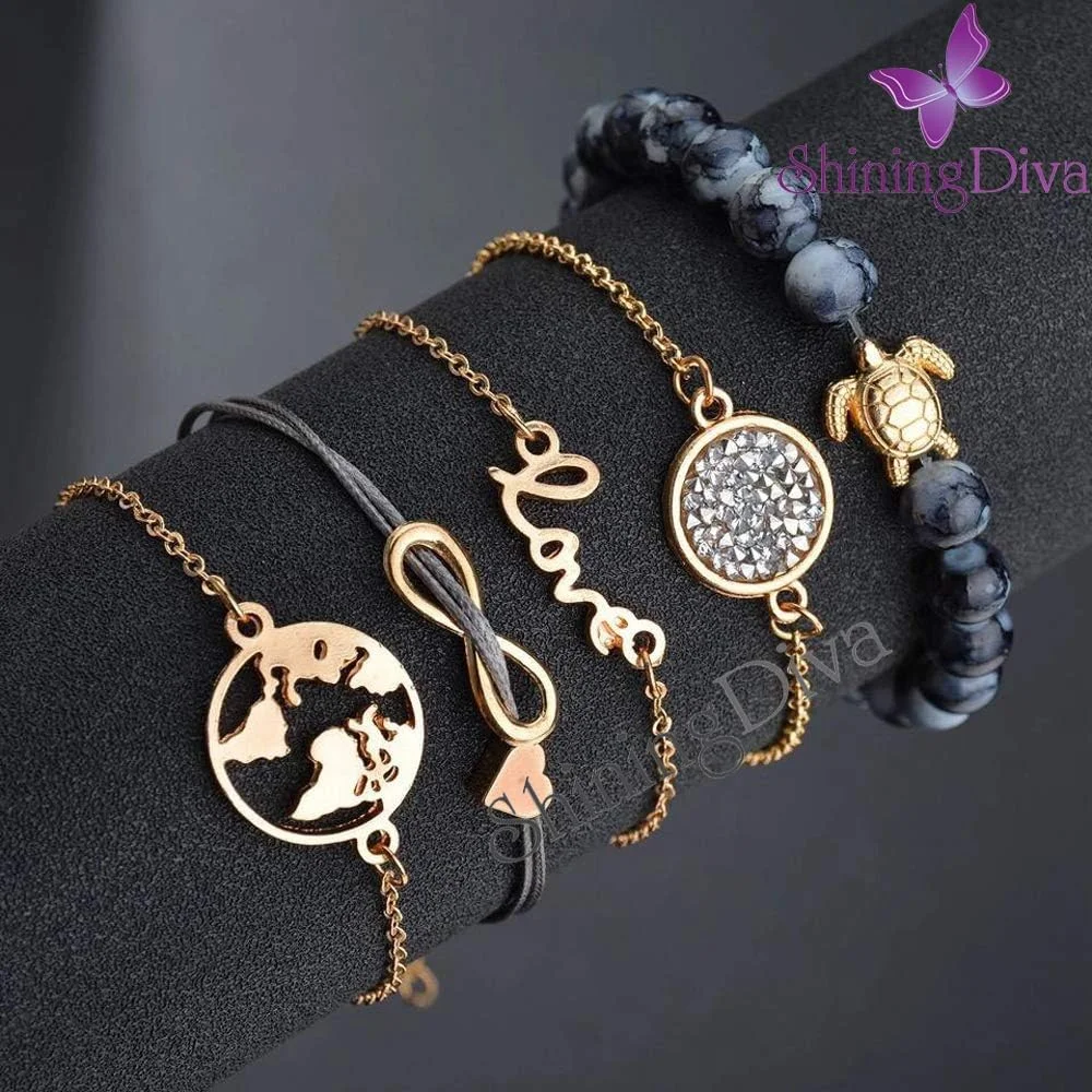 دستبند چند لایه زنانه و دخترانه شاینینگ دیوا با آویز خاکستری، پایه فلز غیر قیمتی و زیرکونیا کوبیک - ست 5 عددی