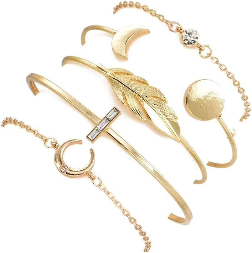 دستبند النگویی چند لایه نگین دار براق زنانه با روکش طلایی (rrsd10673b, طلایی)، ست 5 عددی