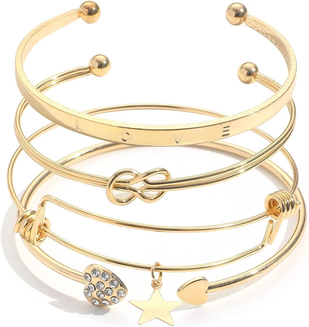 دستبند النگویی چند لایه طرح قلب کریستالی شیک و جدید 4 عددی برای زنان و دختران (14757b)