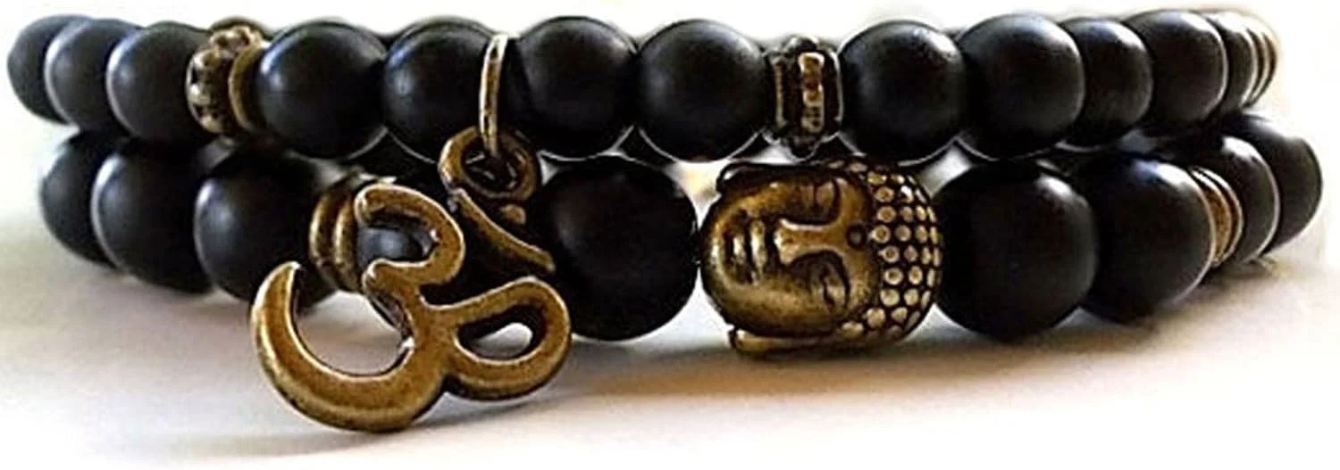 ست دستبند شیک مردانه و زنانه شامل 2 عدد دستبند مهره ای یوگا و مدیتیشن با آویز ام و بودا (مشکی) (9377b)