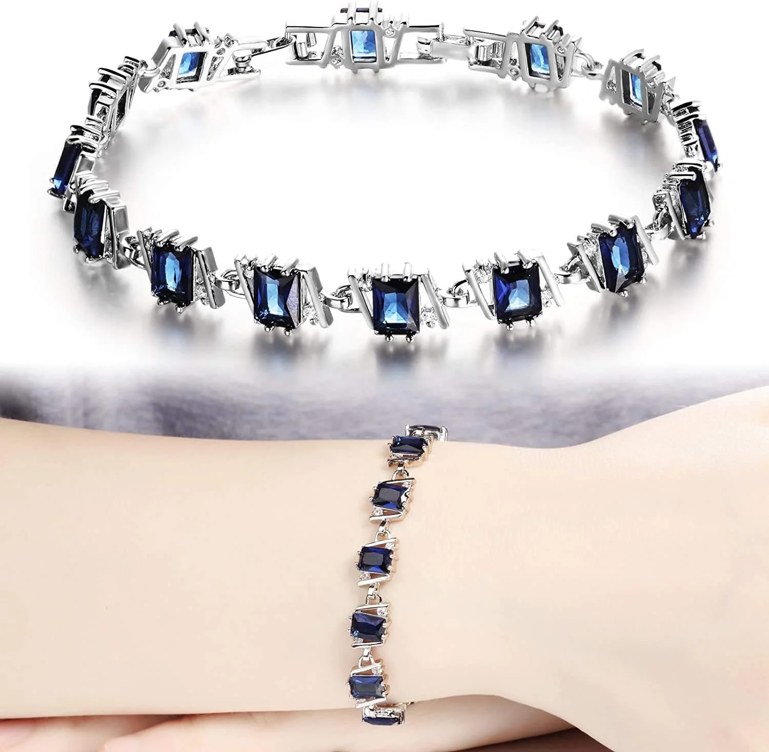 دستبند کریستالی اتریشی شیک و جدید زنانه و دخترانه با روکش پلاتین درخشان (11956b)، آبی، سایز آزاد