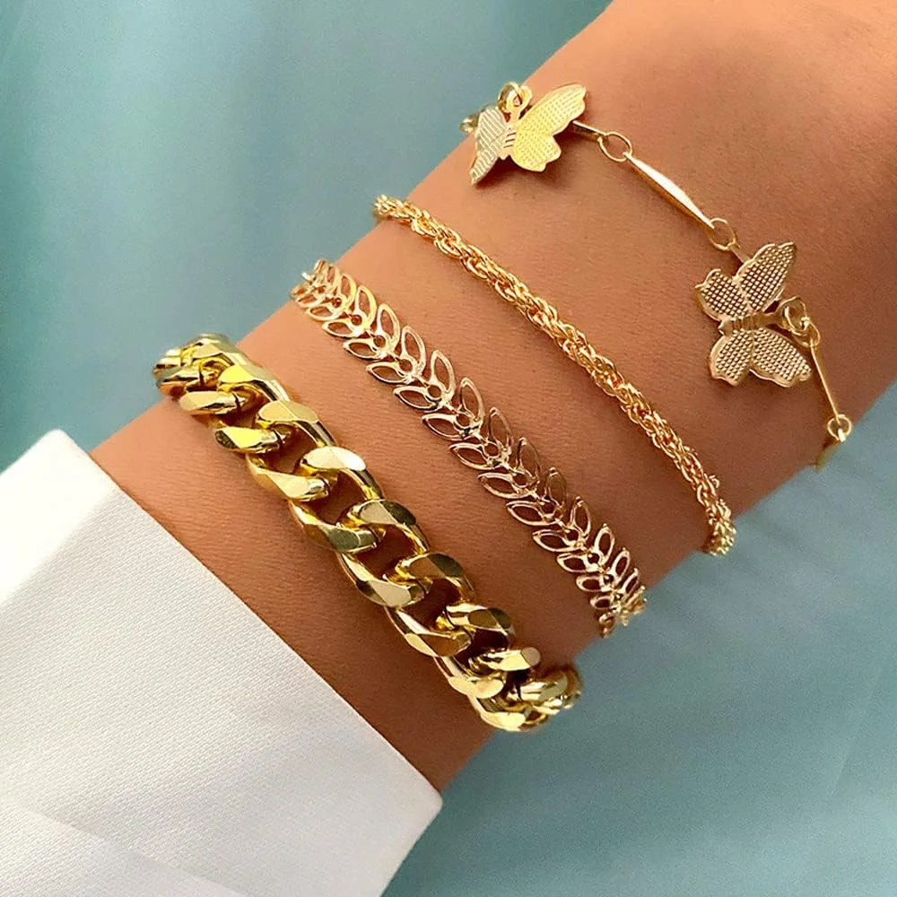 دستبند النگویی چند لایه طلایی شیک و جدید زنانه و دخترانه (rr14664b) ست 4 عددی