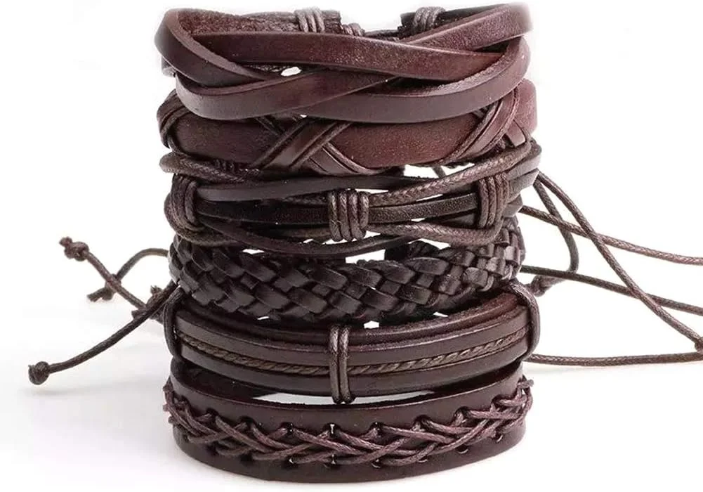 دستبند چرمی چند لایه قهوه ای براق و شیک مردانه و پسرانه