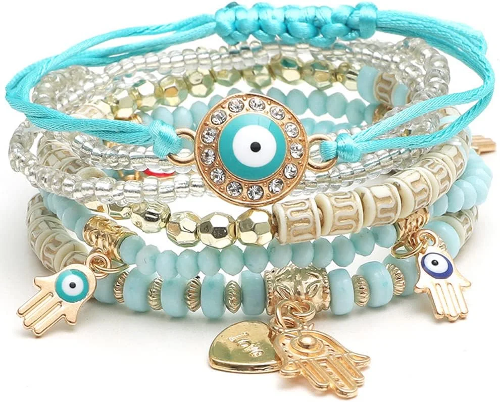 دستبند چند لایه بوهمی درخشان دیوا با طرح دست همسا، چشم نظر و مهره های کریستالی رنگارنگ برای زنان و دختران