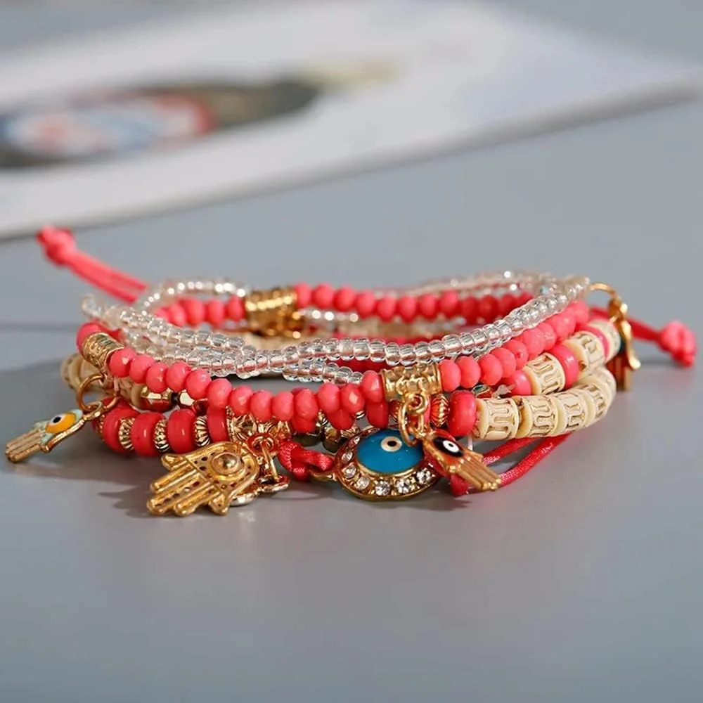 دستبند النگویی چند لایه چشم نظر شیک و جدید زنانه و دخترانه (14688b) (هلویی)