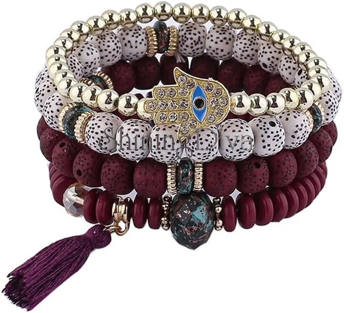 دستبند النگویی شیک و جدید طرح چشم نظر بوهمی براق دیوا فشن برای زنان و دختران (rrsd15427b) (زرشکی)