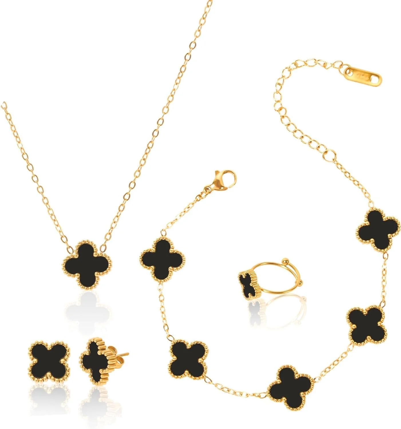 ست جواهرات زنانه و دخترانه شامل دستبند، انگشتر، گوشواره، گردنبند و آویز طرح شبدر، استیل ضد زنگ و شیک