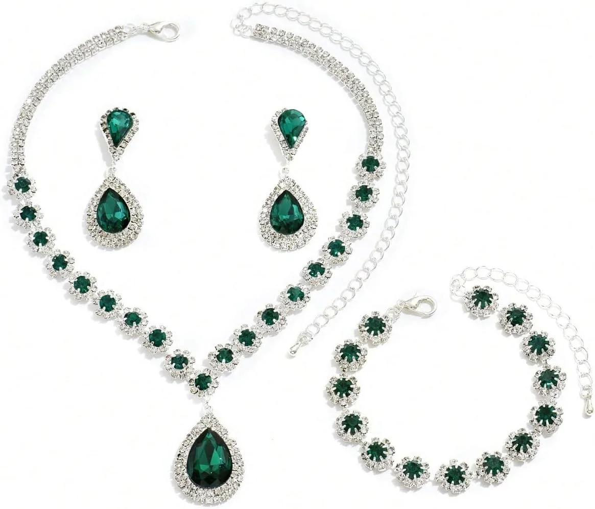 ست جواهرات گردنبند فشن زنانه Shining Diva، جدیدترین مدل گوشواره و دستبند شیک، هدیه روز ولنتاین برای دوست دختر (16043s) (سبز)