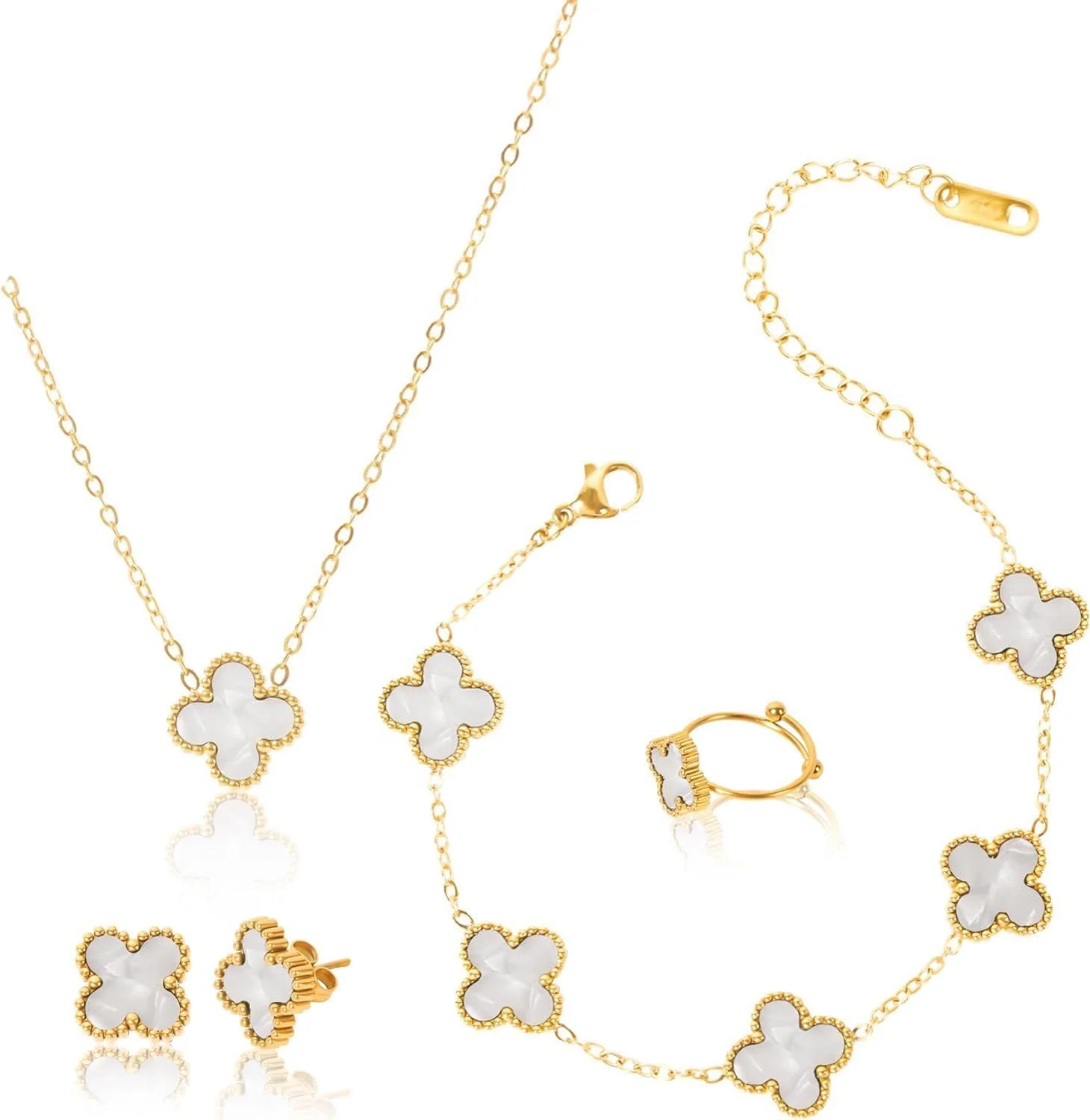 ست زیورآلات زنانه و دخترانه شامل دستبند، انگشتر، گوشواره، گردنبند و آویز طرح شبدر، جدیدترین و شیک ترین مدل از جنس استیل ضد زنگ