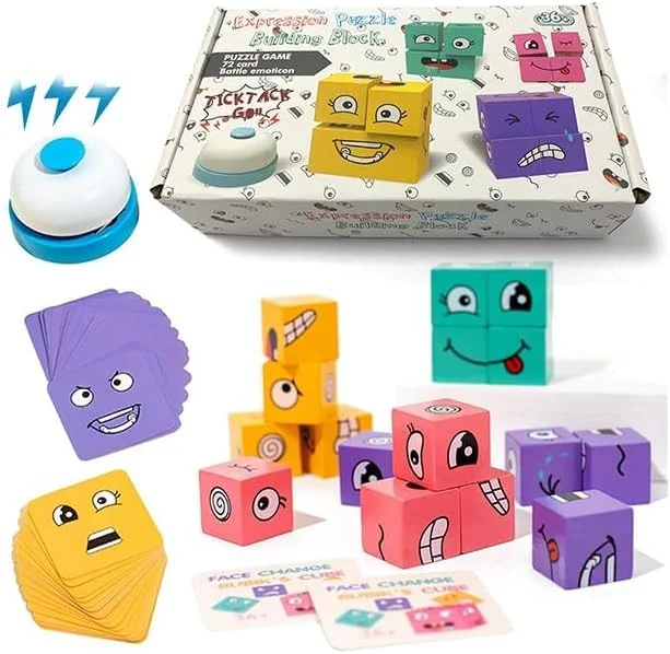 بازی مکعب جادویی تغییر چهره، پازل سه بعدی چوبی تغییر چهره با زنگ، بازی ایموجی، اسباب بازی پازل آموزشی، بازی های تخته ای برای تولد کریسمس کودکان