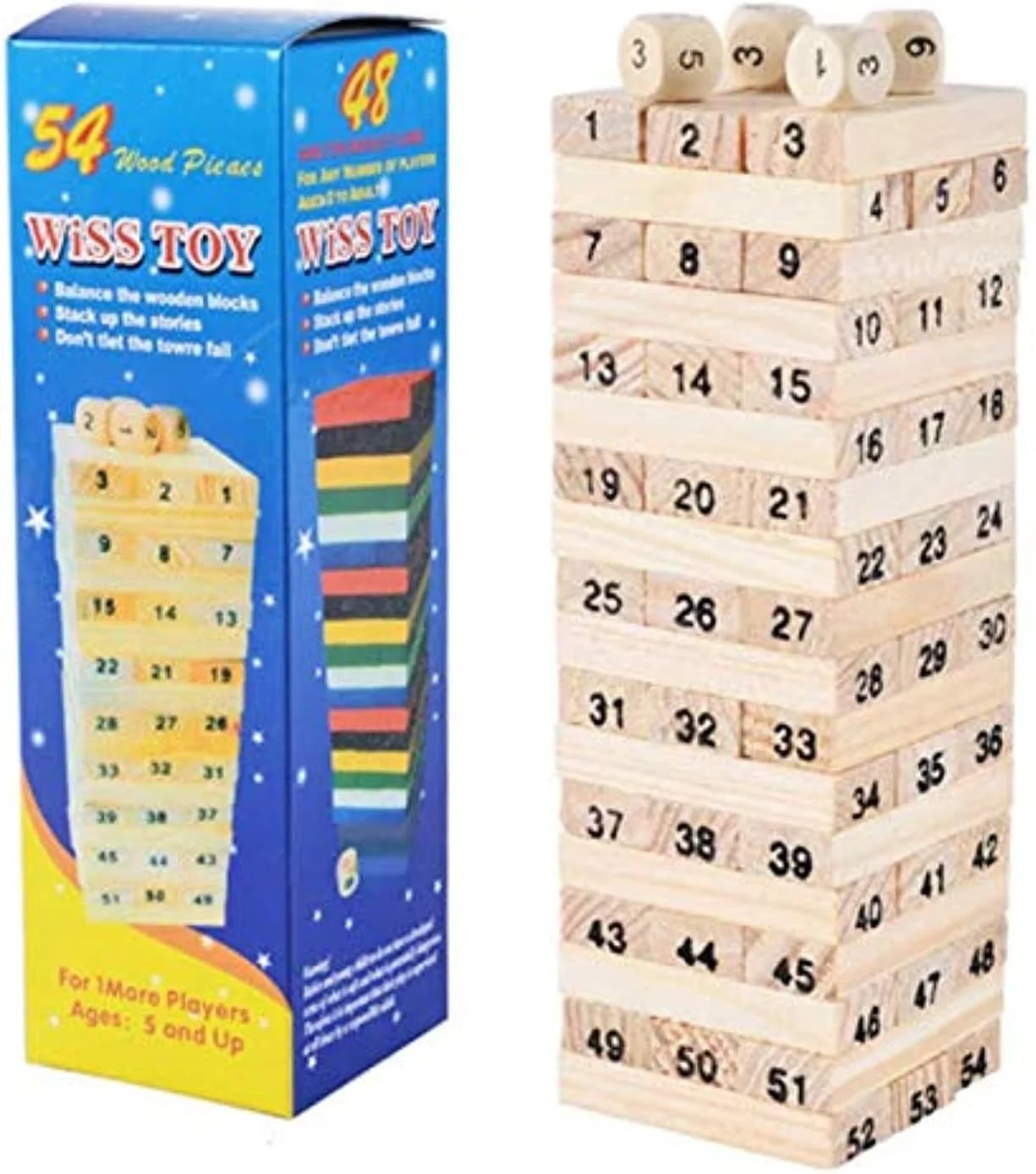 اسباب بازی های ویس: یک ست بلوک های ساختمانی برج چوبی دیجیتال کودک، دومینو 54 تکه و 4 عدد تاس، بازی آموزشی استخراج کننده